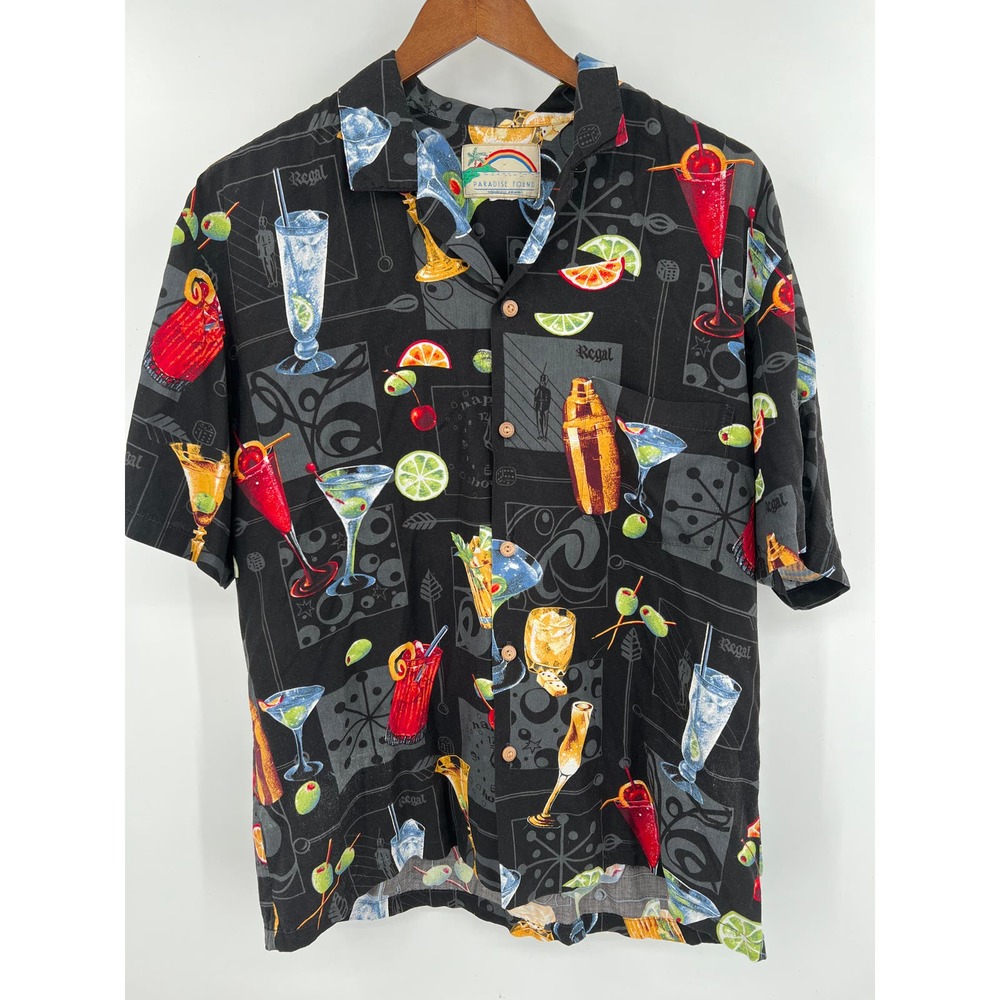 Paradise Found Honolulu Hawaii tropical martini button front hawaiian shirt L?